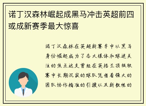 诺丁汉森林崛起成黑马冲击英超前四或成新赛季最大惊喜 诺丁汉森林崛起成黑马冲击英超前四或成新赛季最大惊喜