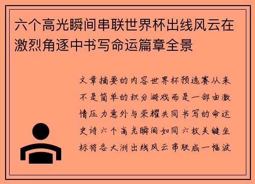 六个高光瞬间串联世界杯出线风云在激烈角逐中书写命运篇章全景
